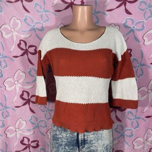 Jones New York Sport Orange Knit Striped Fall Top Size Large